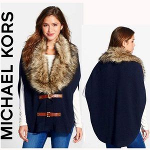 💋STUNNING💋 MICHAEL KORS Angora Blend Buckle Poncho w/ Fur Collar in Navy/Camel